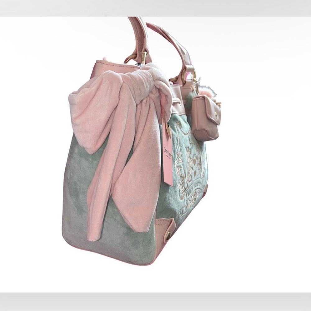 JUICY COUTURE VINTAGE SCOTTIE DOGS FROSTY GREEN NEW LOVE CHAPTER VELOUR TOTE NWT - Picture 2 of 11
